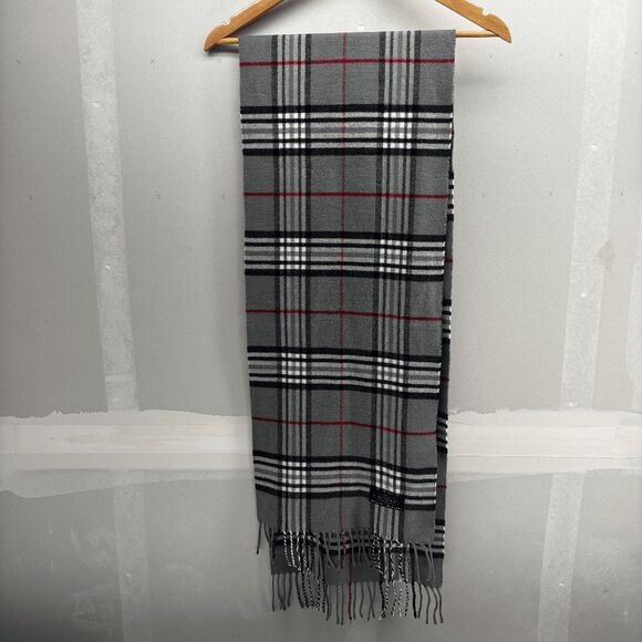 BEAUTIFUL GERMAN 100% CASHMERE HAND TAILORED GRAY SCARF PLAID FRINGED - Picture 3 of 5